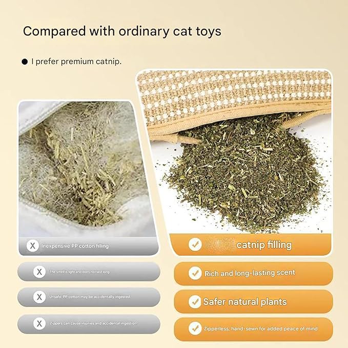 NENYLEI Interactive Catnip Chew Toy, 2026 New Natural Sisal Catnip Pillow Toy Kickers for Cats Chew Toys, 2 Pack Bite Resistant Kitten Teething Catnips Pillows, 10/11/13.4 in (Medium+Large)