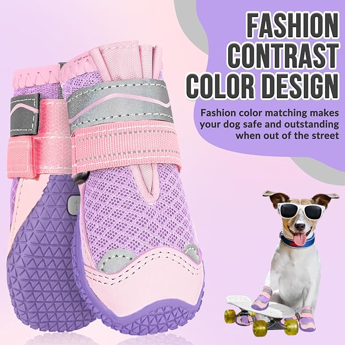 SlowTon Dog Shoes for Large Small Medium Dogs - Breathable Dog Boots for Summer Hot Pavement, Paw Protector for Outdoor Walking Winter Snow, Anti-Slip Rubber Dog Booties for Hard Floor (Pale Pink, 0)