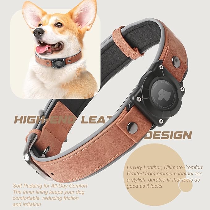 AirTag Dog Collar - Leather Dog Collar with Air Tag Holder | IPX8 Waterproof, Reflective, High - End, Adjustable Soft Padded | Dog GPS Tracker Collars Fit for Medium Large Dogs (MahoganyBrown, L)