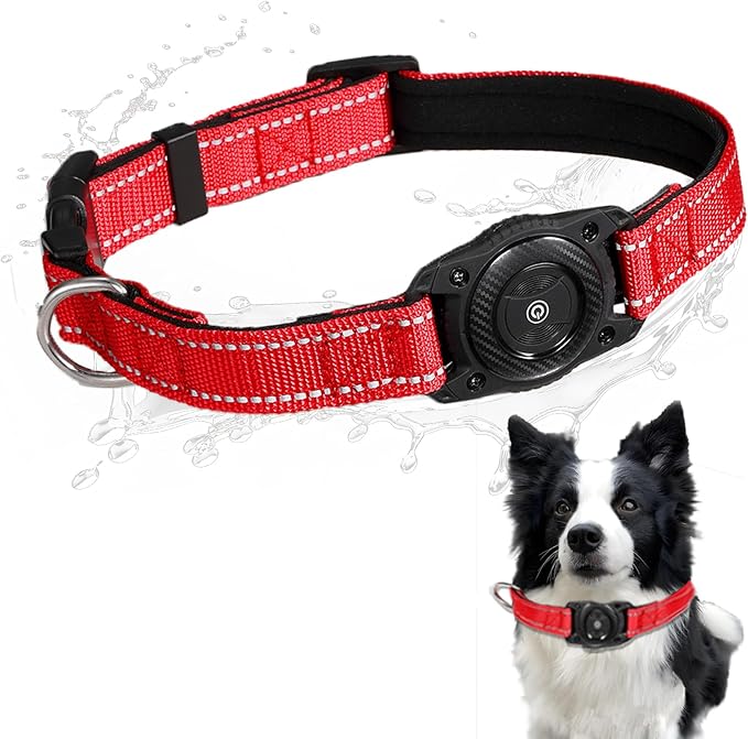 Reflective Air Tag Dog Collar, Waterproof Air Tags Dog Collar Holder with Air-Tag Chip for Apple Find My (iOS Only) Pet Collar for Small Medium Large Dogs (Red, M)