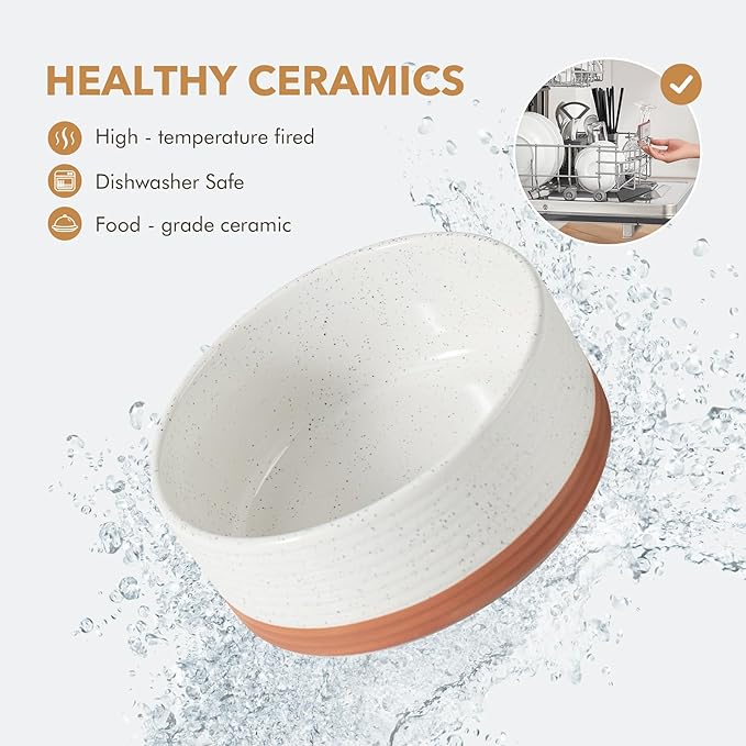 Ceramic 5.1inch Raised Double Bowls Set with Acacia Wood Stand, 2 Heights Elevated, Food & Water Bowls for Puppy, Kitty, Cats(13.5oz, Vanilla White)