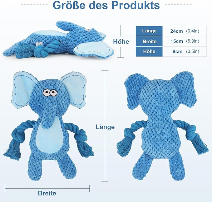 Dog Toys, Dog Squeaker Toys with Crinkle Paper, Stuffed Animal Dog Plush Chewing Toy, Cotton Rope Interactive Toys for Puppy, Small, Middle Dogs (Blue Elephant)