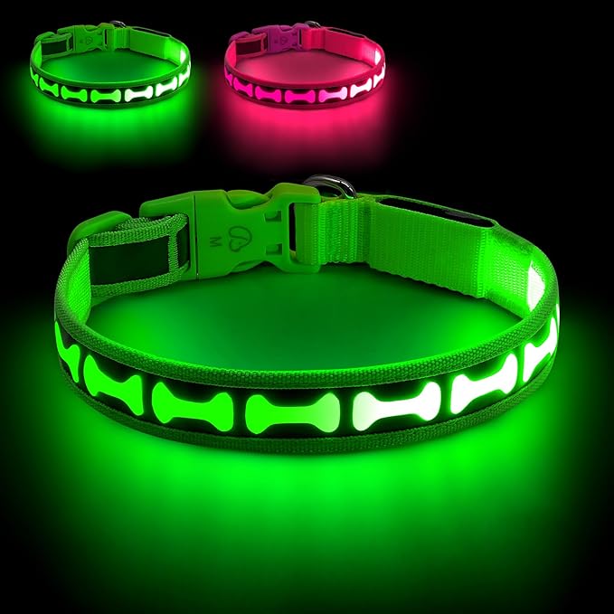 Flashseen Light Up Dog Collars, Adjustable LED Dog Collar Rechargeable, Glow in The Dark Dog Collars Super Bright Glow Collars for Night Walking for Dogs (Green, Large)