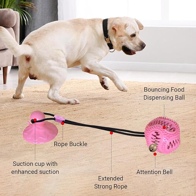 Tailwag Dog Toys Treat Food Dispensing Ball with Suction Cup, Tug of War for Dogs, Interactive Ball for Boredom, Mental Stimulation for Dog Games to Keep Them Busy (Pink)