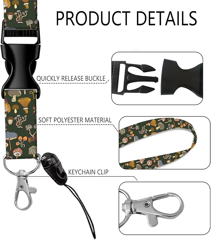 BLOCIT ID Badge Holder with Lanyard - Fashionable ID Card Holders with Retractable Lanyards - Soft Fiber Metal Clip Sturdy Buckle for Key Wallet - Work Nurse Teacher (Different Mushroom)