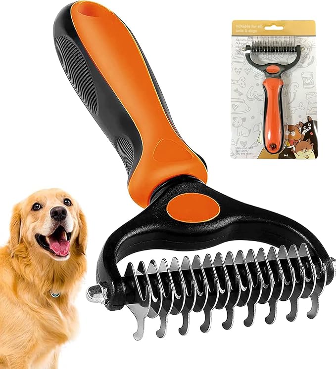 Undercoat Rake for Dogs, 2 in 1 Dematting Comb & Deshedding Tool for Long Hair Pets, Pet Hair Grooming Brush, Clear Mats and Tangles, Reduces Shedding by 95%