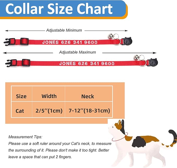 Personalized Cat Collars, Embroidered with Pet Name and Phone Number, Adjustable Nylon Breakaway Safety Release Buckle ID Collar,Custom Text with Bell for Cat or Kitten,Sky Blue