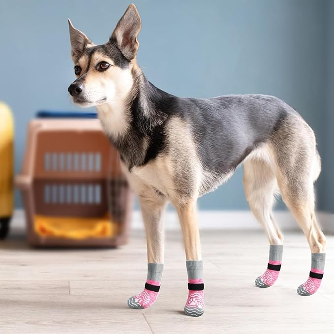 PUPTECK Anti Slip Dog Socks, Shoes with Grippers to Prevent Licking Hardwood Floors Traction, Rubber Boots & Paw Protectors for Small Medium Large Dogs Cold/Hot Pavement, Senior Dogs Booties Pink