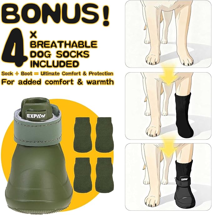 EXPAWLORER Dog Shoes for Small Medium Large Dogs, Waterproof Non-Slip Dog Snow Booties for Winter with Socks, Easy On & Off Pet Boots & Paw Protectors, Easy-Clean for Beach Outdoor Rain (Green XL)