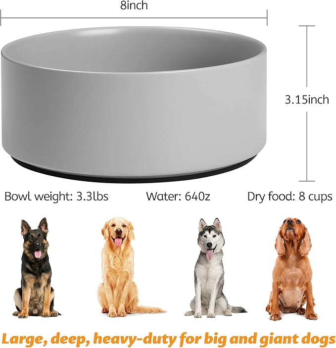 Kitwinney Large Dog Bowls, Non Slip Heavy Ceramic Dog Food and Water Bowl with Silicone Base, 8" Pet Feeding Bowl for Small, Medium, and Big Dogs (Grey, 8 Inches)