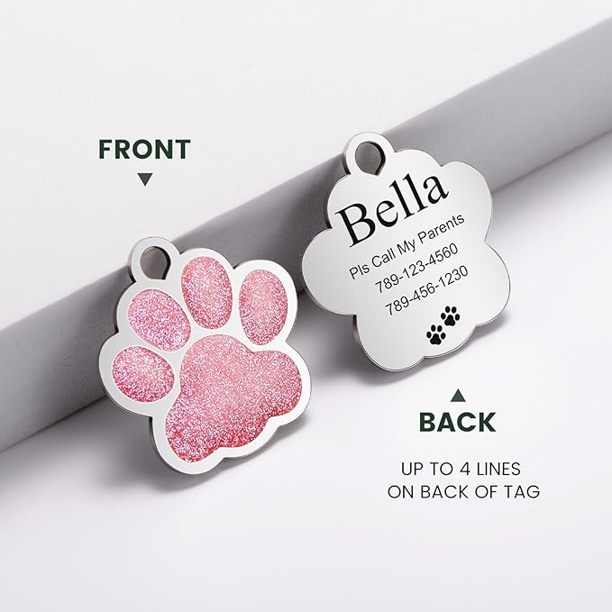 YEHANTI Dog Tags Personalized for Pets, Durable Stainless Steel Glitter Paw Print Pet ID Tags with 4 Line Texts and Icons Engraved, Custom Dog ID Tags and Name Tags for Large Small Dogs Cats (Blue)