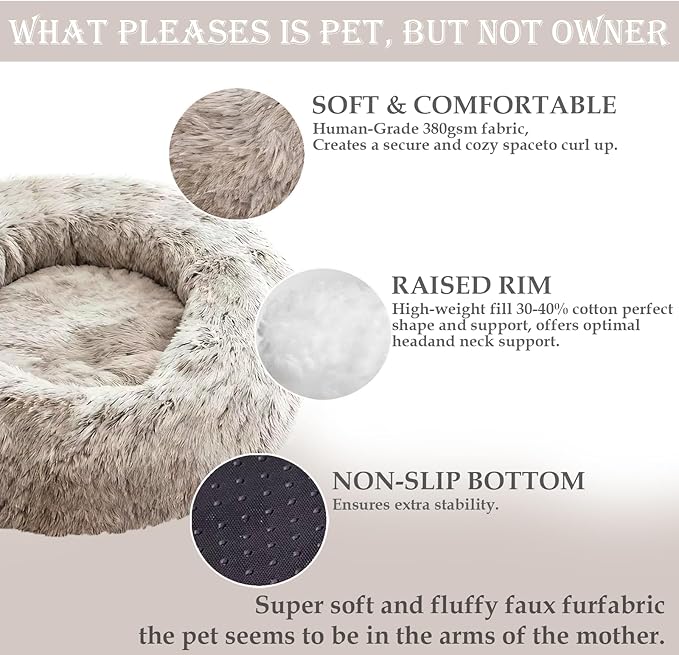 Calming Dog & Cat Bed for Extra Large Small Medium Sized Pet, Donut Washable Comfort Fluffy Warm Round Mat for Puppy Kitten, 8 Size Essentials Furniture Supplies Indoor