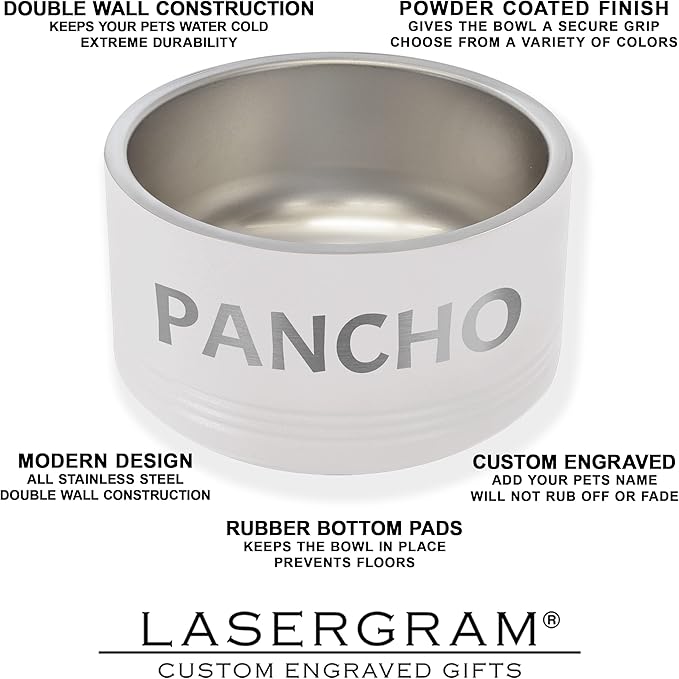 LaserGram Personalized Stainless Steel Dog Bowl, Double Wall Insulated, Non-Slip Design, Custom Name Engraving Included (White, 32oz)