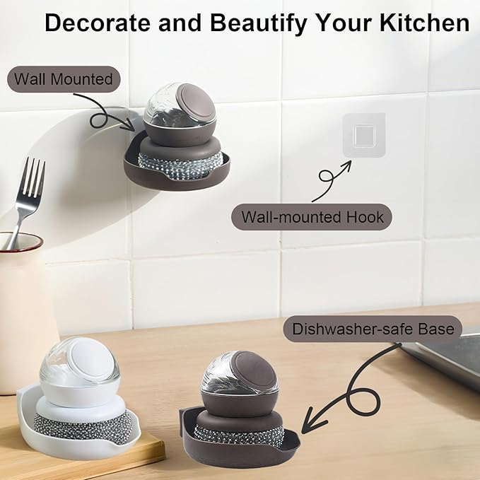 Dish Brush with Soap Dispenser, Steel Wool Scrubber with Replaceable Steel Wool, Pan Scraper and PET Scouring Pad, Wire Brush for Cleaning Cast Iron, Grill Pans, Stock Pots, Grills, Sinks (Brown)