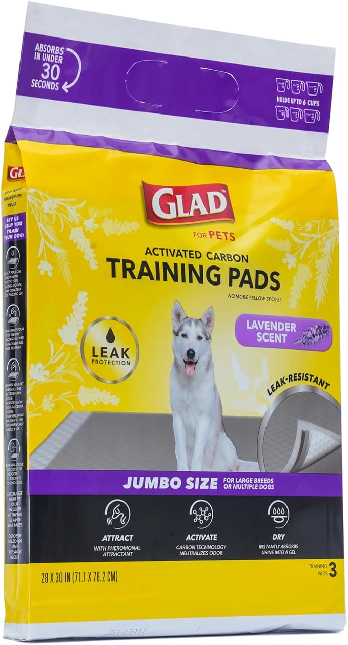 Glad for Pets Extra Large Charcoal Dog Training Pads - Absorbent Disposable Pee Pads for Dogs, Cats & Puppies - Jumbo-Size Potty Pads That Neutralize Urine Instantly - 3 Count Pet Supplies