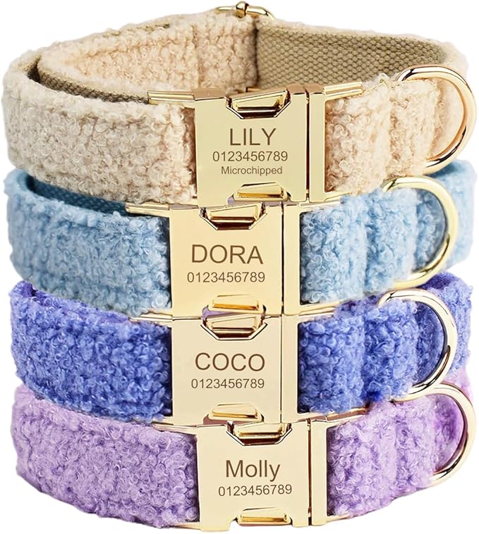 Personalized Dog Collar with Engraved Metal Buckle - Custom Name & Phone Number - Adjustable for Small, Medium, Large Breeds (Fleece Fabric)