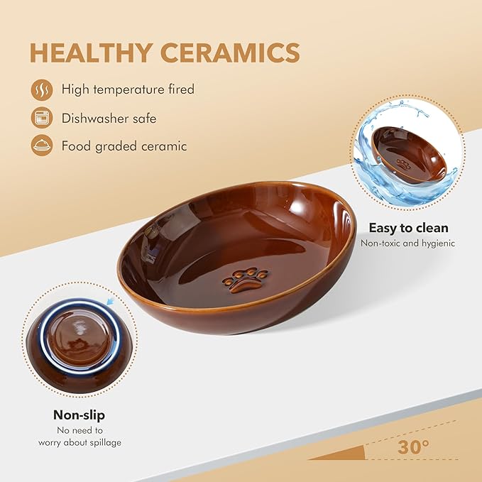 2 Sets of Elevated Ceramic Paw Print Cat Dish, Wide Whisker Friendly Anti-Slip Food & Water Bowl with 2 Heights Adjustable Acacia Wooden Stands(2 Dishes +2 Stands, White)