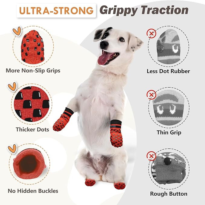 Non Slip Dog Socks to Prevent Licking Paws Grippy Socks for Senior Dog on Hardwood Floors Anti Slip Dog Socks for Christmas Holiday Double Side Paw Protector Prevent Scratching Red S