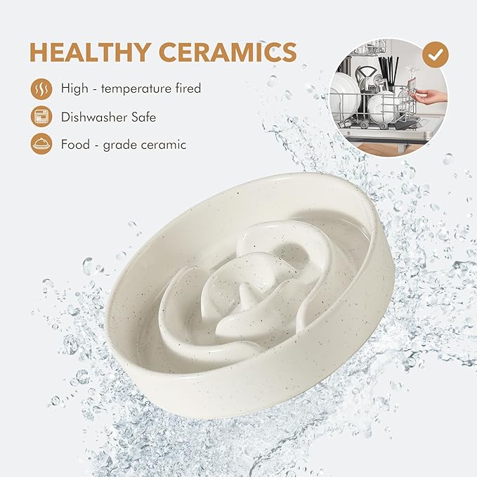 Ceramic 1.2 Cup Dog Bowl Slow Feeder for Medium and Small Dog, 7.3inch Pet Slow Dish, Stop Bloat, Preventing Choking(Single Bowl, Vanilla White)