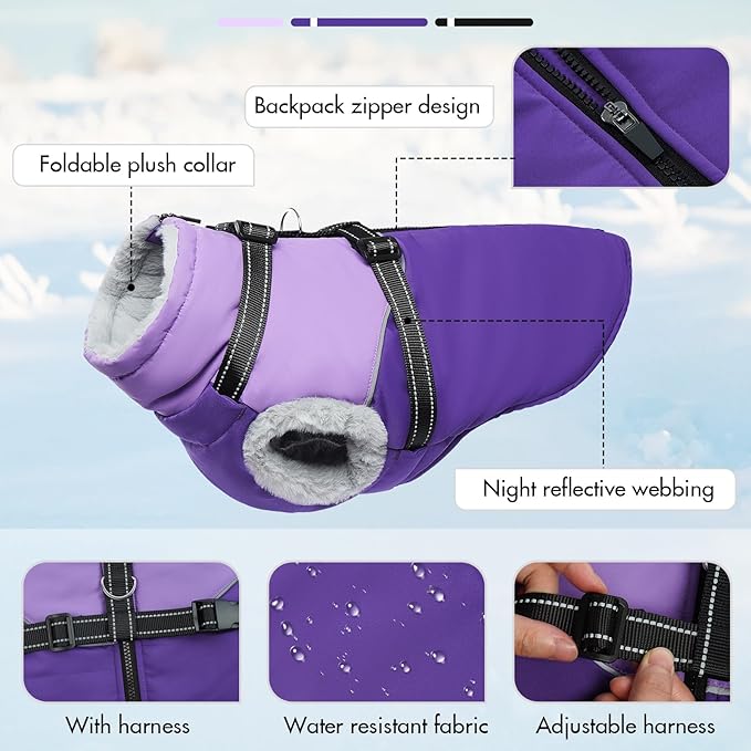 Dog Coat with Harness Built, Dog Winter Jacket with Zipper Closure, Warm Pet Fleece Puffer Coat with Reflective Strips & Furry Collar, Waterproof Snowsuit for Medium Large Dogs - Purple XL