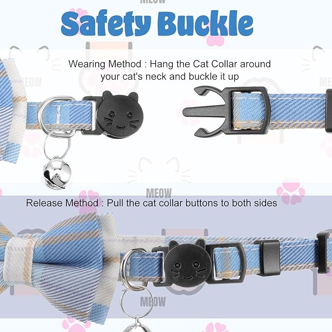 2 Pcs Cat Collar with Bells, Adjustable Breakaway Bow Tie for Shorthair Cat, Chihuahua Ect., Cute Pet Collar for Kitten, Puppy & Small Pets (Blue & White Plaid)