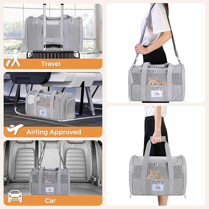 Soft Cat Carrier for Pets Up to 25 lbs, Cat Pet Travel Bag with Padded Shoulder Strap and Detachable Cat Food Bowl, Pet Dog Carriers for Small Dogs and Puppies, Travel Carry, Gray