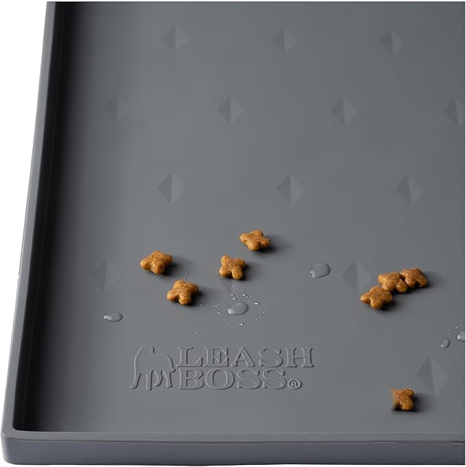 Leash Boss Waterproof Pet Feeding Mat - Silicone Dog Food Mat, Raised-Edge Spill Containment, Non-Slip Bowl Surface, 20 x 13 in, Gray