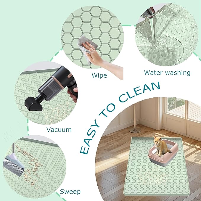 Cat Litter Mat, Silicone Large Cat Mat for Litter Box - 34x22 in, Waterproof & Non-Slip, Durable & Easy Clean, Green