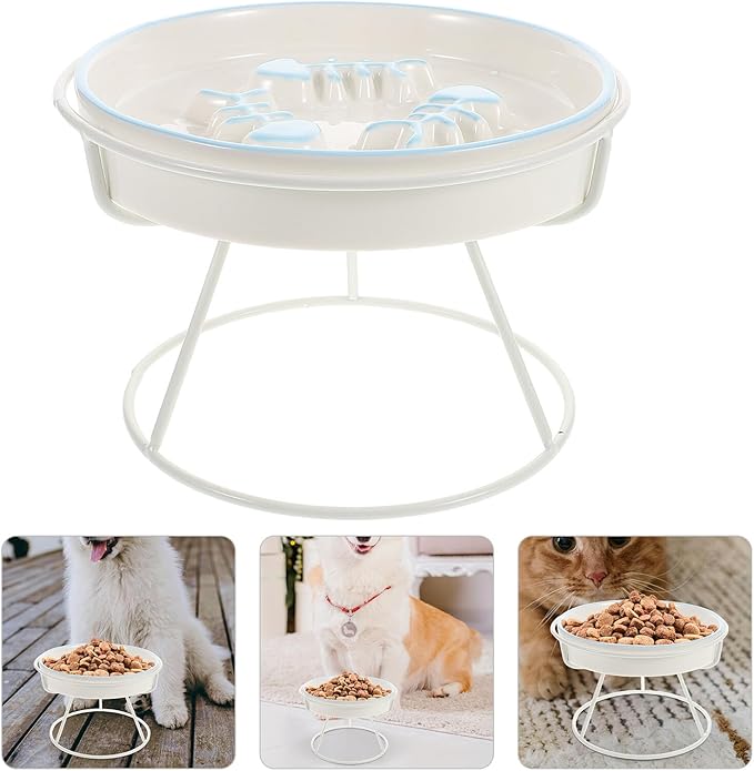 Ceramic Raised Cat Slow Feeding Bowl with Elevated Stand Whisker-Friendly Slow Eat Pet Dish for Small Dogs and Kittens for Indoor Feeding