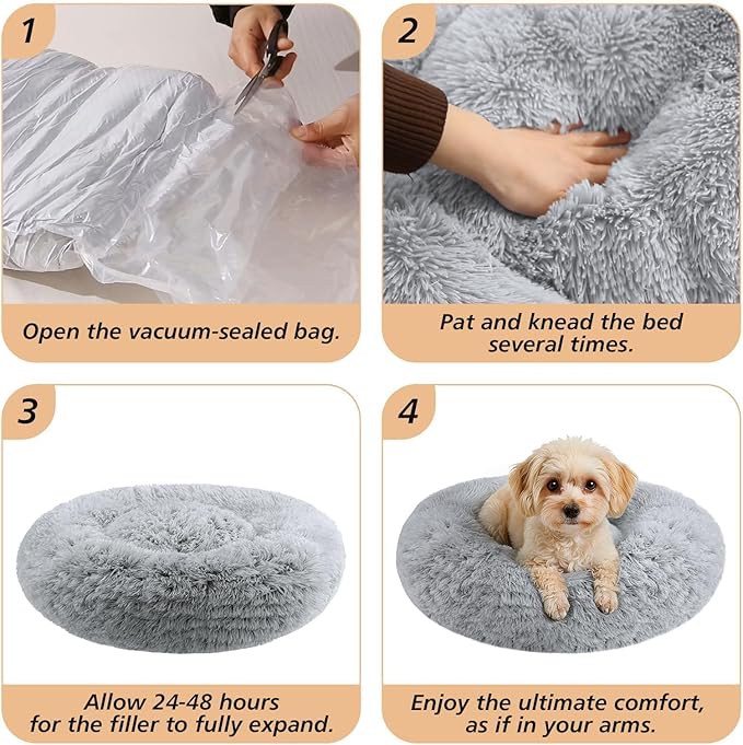 JOLLYVOGUE Calming Small Dog & Cat Bed for Indoor Cats - 20 inches Washable Donut Dog Bed for Kittens & Puppies, Anti-Anxiety Round Fluffy Plush Pet Beds (Fits up to 15 lbs, Grey)