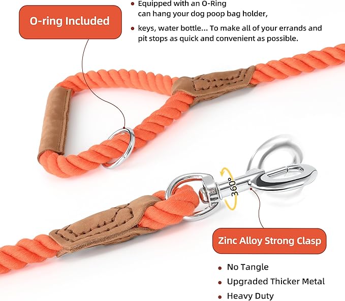 Mile High Life Dog Leash, Braided Cotton Rope Leashes with Leather Handle - Heavy Duty Metal Clasp, 5FT, 1/2" Thick - Wedding, Walking & Training Leash for Small Medium Large Dogs (Orangeade)