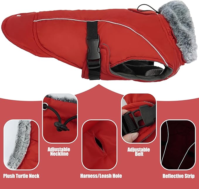 DENTRUN Winter Warm Dog Coat Reflective Jacket with Turtleneck for Cold Weather, Adjustable Buckle Windproof Water Repellent, Thick Snowsuit Fleece Vest for Small, Medium, Large Dogs, Red, L
