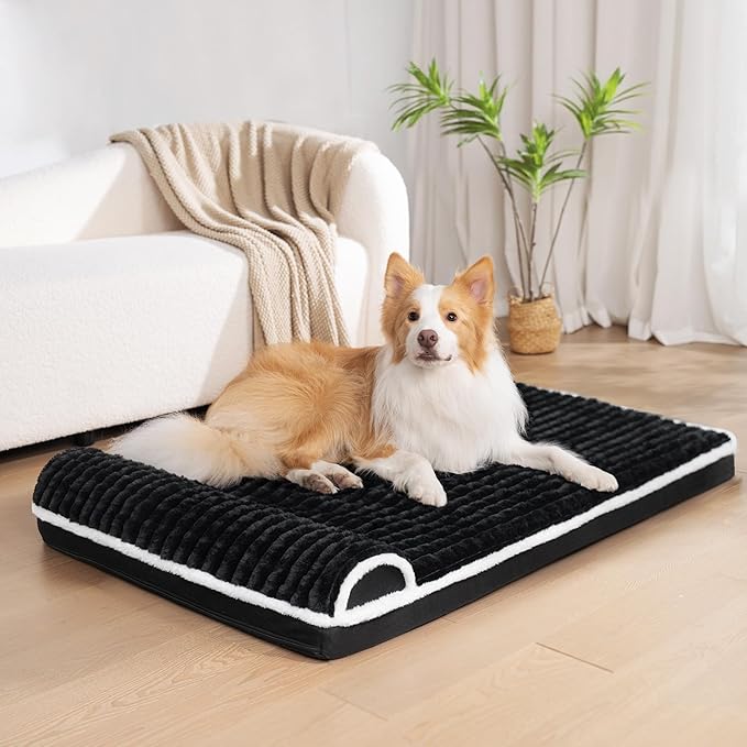 Orthopedic XL Dog Bed Large Sized Dog with Pillow 48''X30'', Waterproof Soft Comfortable Egg Crate Foam Pet Crate Beds Mat with Removable Washable Cover and Non-Slip Bottom, Black
