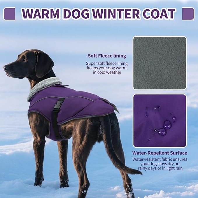 DENTRUN Winter Warm Dog Coat Reflective Jacket with Turtleneck for Cold Weather, Adjustable Buckle Windproof Water Repellent, Thick Snowsuit Fleece Vest for Small, Medium, Large Dogs, Purple, S