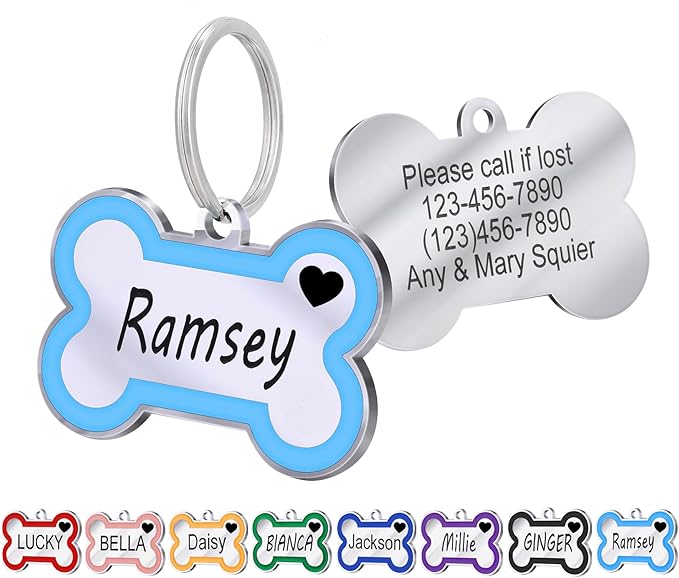 Personalized Deep Engraving Pet ID Tags Engraved Both Sides Bone Shape Custom Dog Tag Stainless Pet ID Tag Engraved Heart Dog Tags for Large Small Dogs Cats (Sky Blue, Large)