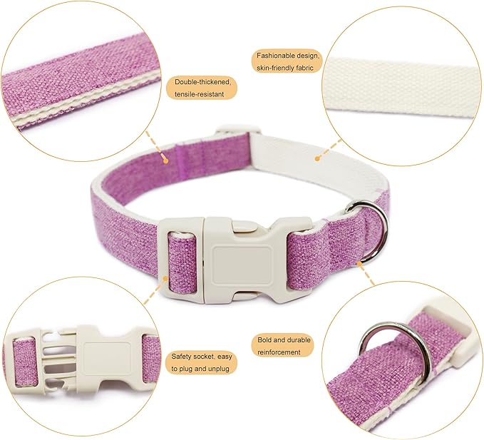 Cotton Hemp Dog Collar Adjustable, Purple Dog Collar Soft Natural Fabric with Quick Release, Cute Wedding Puppy Necklace for Small Medium Large Dog, Purple-S