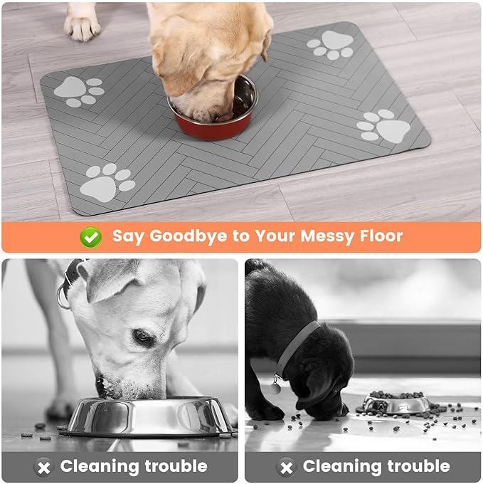 Absorbent Waterproof Pet Feeding Mat - Non-Slip Rubber Backing Quick Dry Food Water Bowl Mat for Dogs Cats (24"x16", Light Gray)