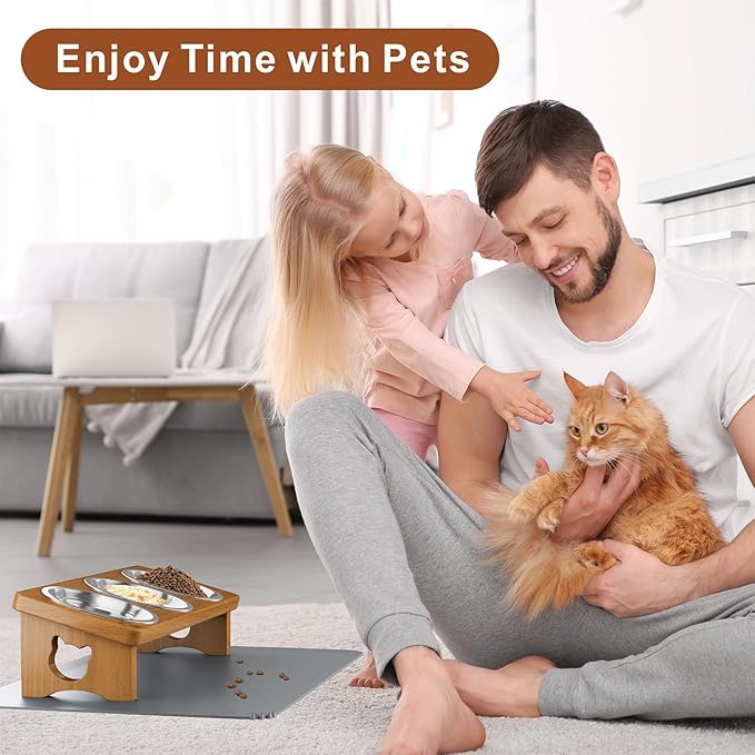 Solid Wood Elevated Cat Bowls with Silicone Food Mat, 15° Tilted Raised Cat Food and Water Dishes, Anti-Vomiting Design, 3 Stainless Steel Bowls for Cats & Small Dogs (Teak)