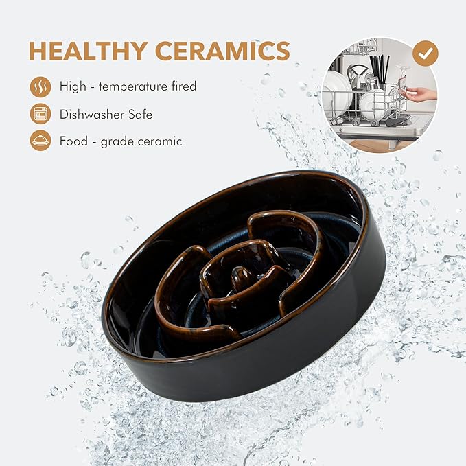 Ceramic 1.2 Cup Raised Slow Feeder Dog Bowl Set, Elevated Acacia Wood Stand for Medium and Small Dog, 7.3inch Slow Dish, Stop Bloat(Single Bowl+ Stand, Starry Sky)