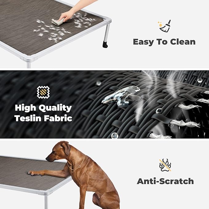 Veehoo Chewproof Elevated Dog Bed - Cooling Raised Pet Cot, Breathable Mesh, Washable & Non-Slip for Large Dogs, Indoor/Outdoor, Brown Mat and Silver Metal Frame, 42x30inches (Model CWC2203B03)