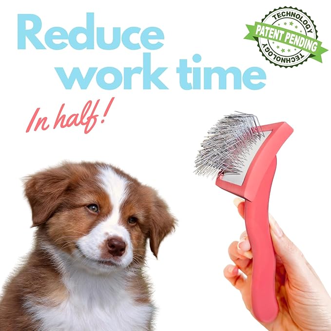 Pet Slicker Brush With Soft Massage Grooming Stainless Steel Pins - For Dematting, Shedding Fur, and Undercoat - Ideal Gift for Professional Pet Groomers - Long Slicker Brush (Coral, Curved Small)
