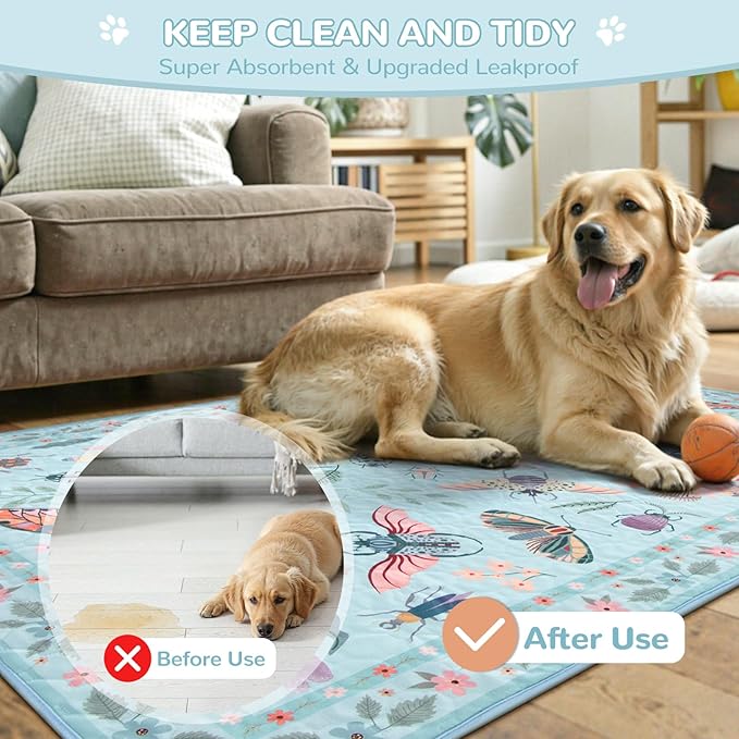 Lahome Washable Reusable Pee Pads for Dogs - Blue Butterfly & Insect Print 2 Pack Puppy Pads, Super Absorbent & Waterproof Training Mats for Crate & Floor - Leakproof with Non-Slip Backing (24"x24")