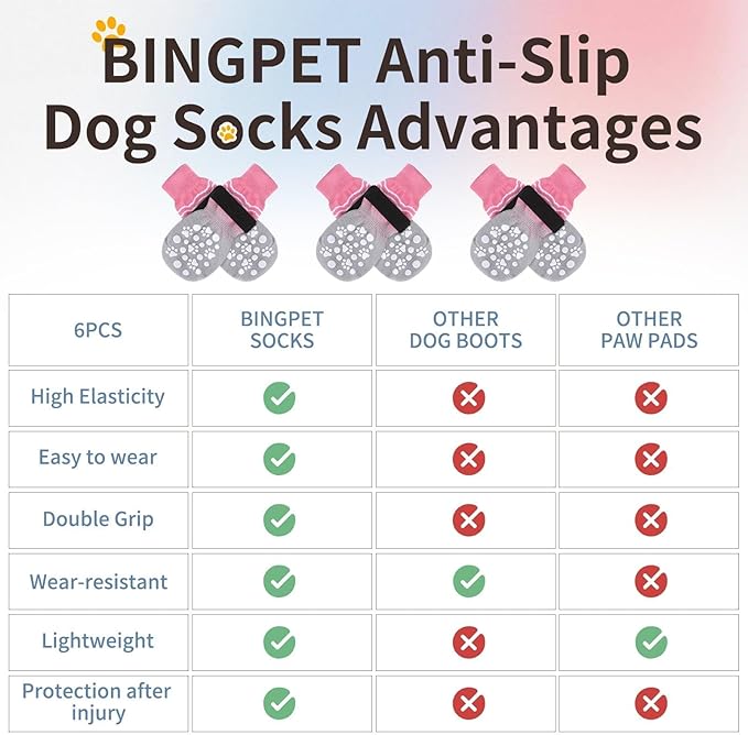 BINGPET 6PCS Dog Socks to Prevent Licking Paws with Grippers for Hardwood Floors Anti Slip, Winter Pet Shoes Booties, Extra-Thick Grip Dog Boots & Paw Protectors for Small Medium Large Senior Dogs, M