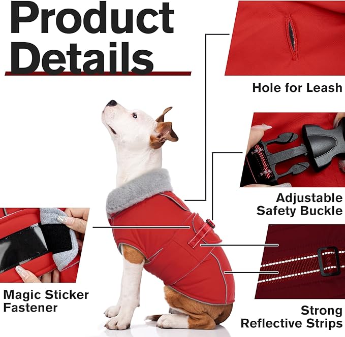 Lelepet Warm Dog Coat Waterproof Dog Jacket Reflective Fleece Vest with Adjustable Buckle Hook & Loop, Windproof Winter Jacket Dogs Coats for Small Medium Large Dogs, Red, XXXL