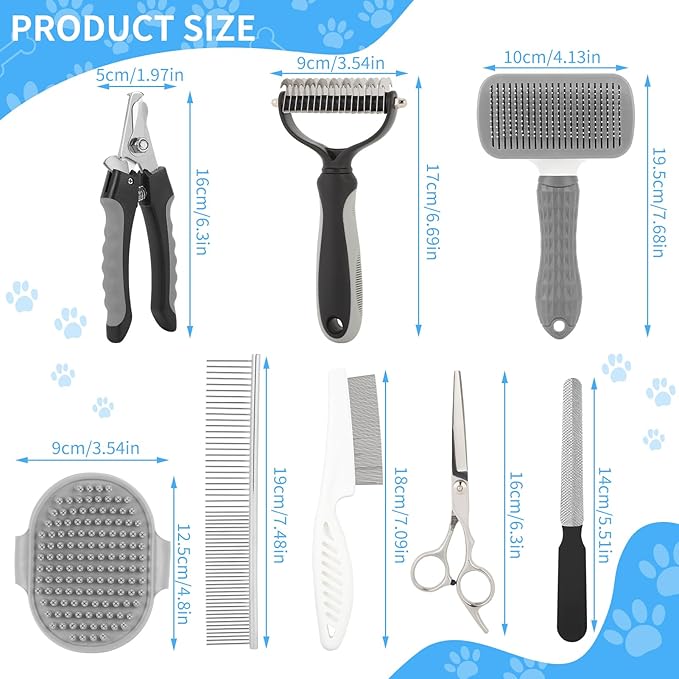 9 Pcs Pet Grooming Brush Set for Shedding, Professional Cats Dogs Long Hair Brush Nail Clipper And File Grooming Kit Self Cleanup Deshedding Multifunctional for Dogs Cats (Grey)