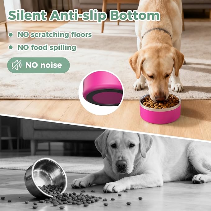 LIHONG Stainless Steel Dog Bowls for Large Dogs,Dog Food Water Bowls with Non Slip Rubber Bottom,Pet Feeding Bowl,Double Wall Insulated,Rustproof(64oz,Pitaya Pink)