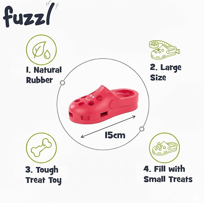 Fuzzl Clog Treat Toy for Dogs – Natural Rubber Chew Toy – Durable, Interactive Enrichment Feeder – Eco-Friendly, Non-Toxic & Dishwasher Safe – Red