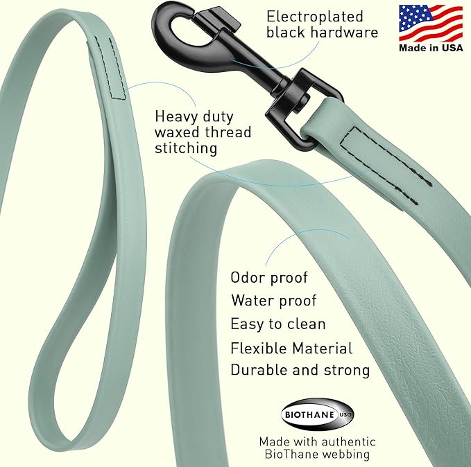 Dogline Biothane Waterproof Dog Leash Strong Coated Nylon Webbing with Black Hardware Odor-Proof Easy to Clean High Performance for Small or Large Dogs Made in USA 2 ft Lead, Sage Green