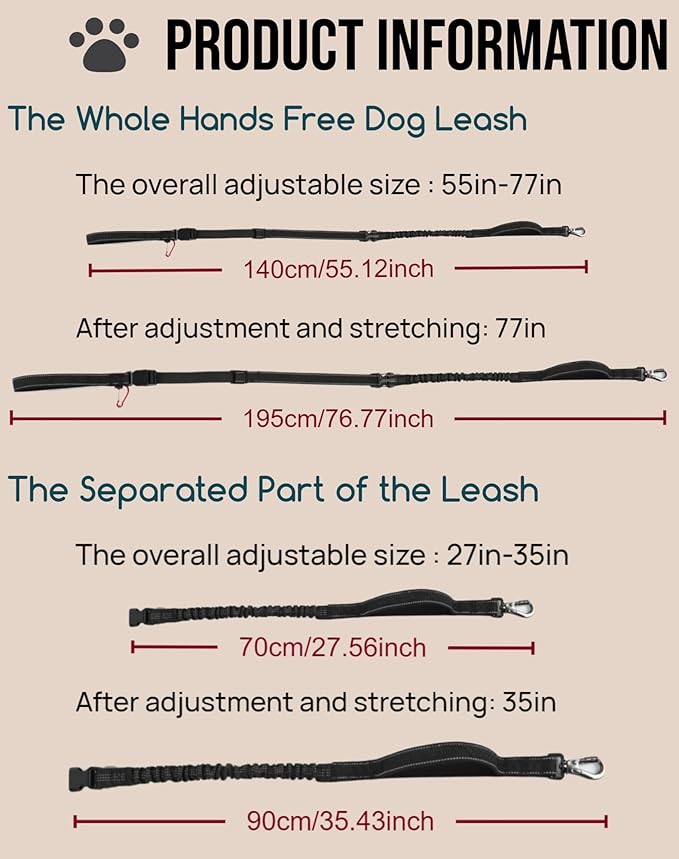 Dog Leash, Hands Free - 6-in-1 Reflective Bungee Leash Design for Large & Medium Dogs, Adjustable Nylon Belt for Running, Hiking & Daily Walks (Black)