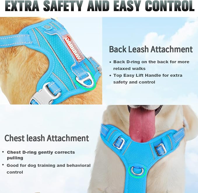 BARKBAY No Pull Dog Harness Large Reflective Dog Harness with Front Clip and Easy Control Handle for Walking Training Running with ID tag Pocket(Blue,S)